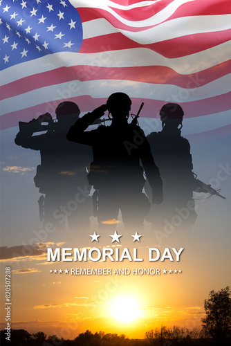 Silhouettes of soldiers with USA flag. Greeting card for Veterans Day, Memorial Day, Independence Day