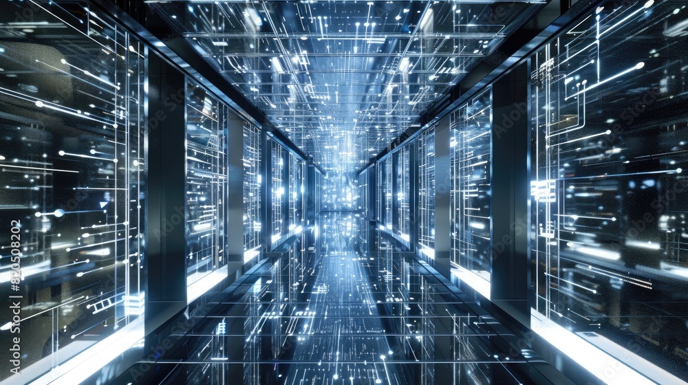 Futuristic data center corridor with reflective surfaces and glowing technology, depicting advancement in digital infrastructure and networking. Futuristic data center corridor with reflective surfaces and glowing technology, depicting advancement in digital infrastructure and networking.