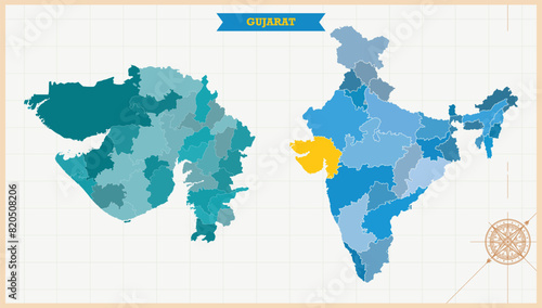 A Map highlighting Gujarat in the India Map, Gujarat and India modern map with Colorful Hi detailed Vector, geographical borders photo