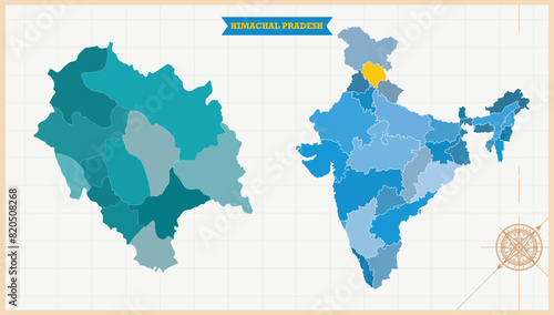 A Map highlighting Himachal Pradesh in the India Map, Himachal Pradesh and India modern map with Colorful Hi detailed Vector, geographical borders