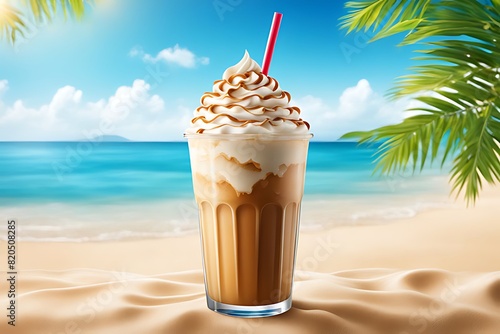 Ice-cold frappes on summer beach background, background illustration, background screen, poster, banner design, ai generative photo