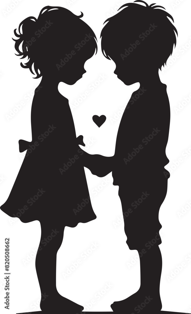 Black and white silhouette of two children holding hands, depicting young love with a charming and innocent feel.
