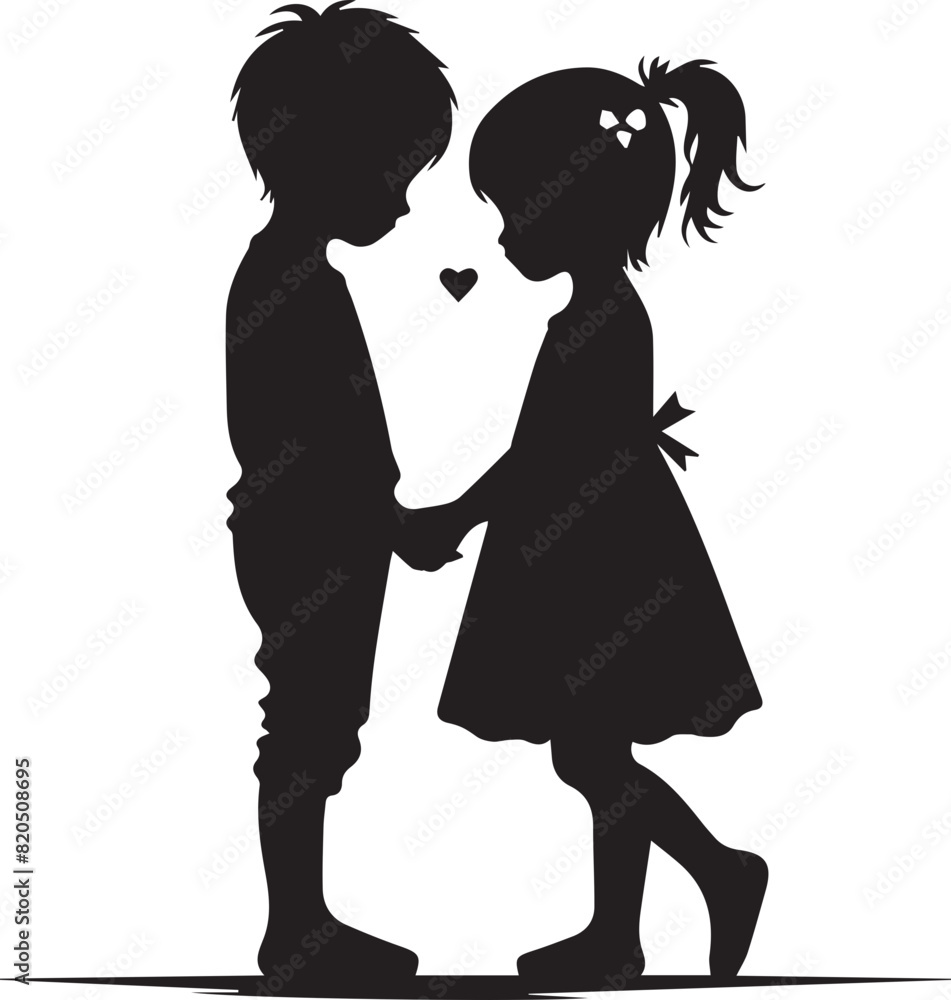 Black and white silhouette of two children holding hands, depicting young love with a charming and innocent feel.
