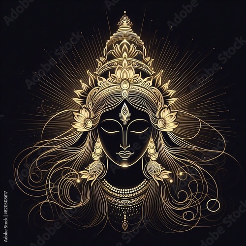 Goddess Radha with gold light lines isolated on black background. photo