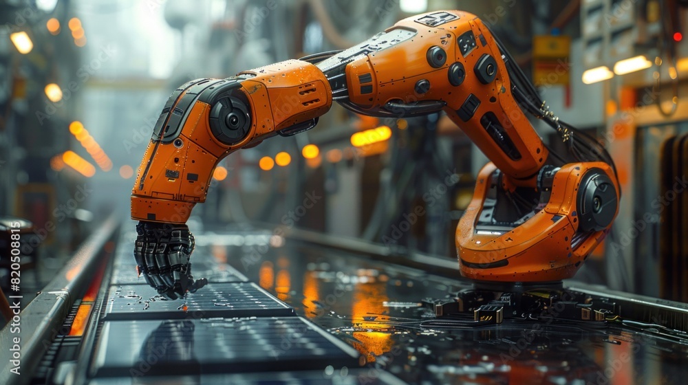 Cutting-edge robot applying curved solar tile panels on a futuristic roof design Cutting-edge robot applying curved solar tile panels on a futuristic roof design