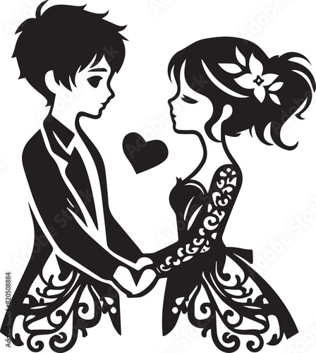 Black and white silhouette of a couple in an affectionate embrace, featuring intricate floral designs and romantic expressions.
