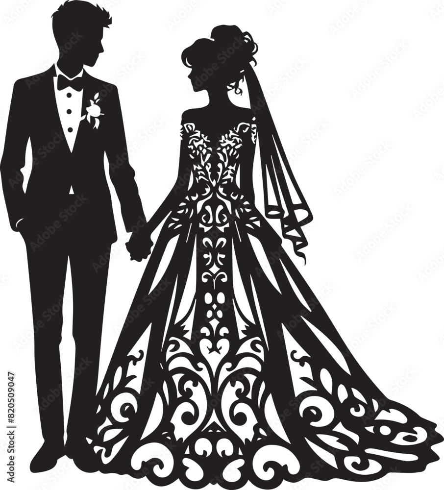 Elegant black and white silhouette of a bride and groom holding hands, adorned with floral and heart designs, in a circular frame.
Elegant black and white silhouette of a bride and groom holding hands, adorned with floral and heart designs, in a circular frame.