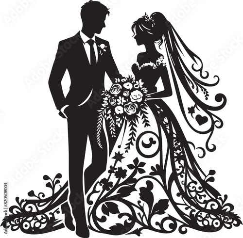 Black and white silhouette of a couple in an affectionate embrace, featuring intricate floral designs and romantic expressions.
