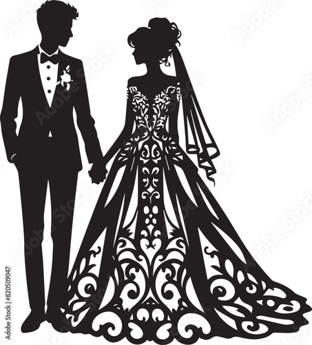Elegant black and white silhouette of a bride and groom holding hands, adorned with floral and heart designs, in a circular frame.
