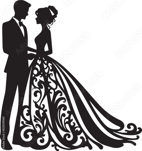 Elegant black and white silhouette of a bride and groom holding hands, adorned with floral and heart designs, in a circular frame.
