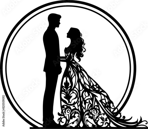 Elegant black and white silhouette of a bride and groom holding hands, adorned with floral and heart designs, in a circular frame.
