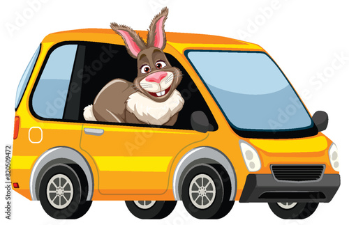 Cartoon rabbit smiling while driving a car