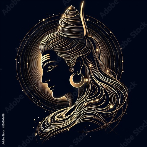 Lord Shiva with gold light lines isolated on black background.
 photo