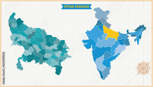 Canvas Print A Map highlighting Uttar Pradesh in the India Map, Uttar Pradesh and India moder