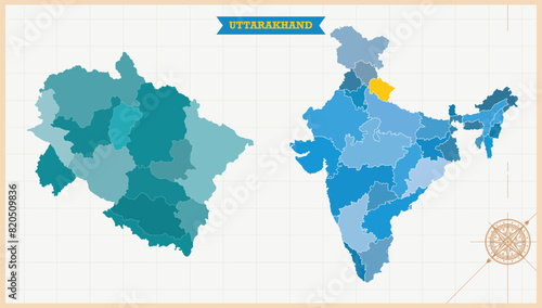 A Map highlighting Uttarakhand in the India Map, Uttarakhand and India modern map with Colorful Hi detailed Vector, geographical borders