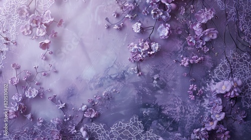 Smoky lavender canvas adorned with delicate lacework and floral motifs. photo