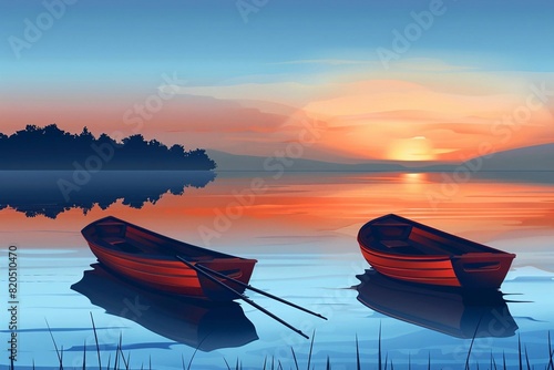 Vector illustrtion of Two small wooden fishing boats float on a calm lake during sunrise. photo