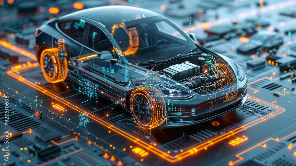isometric diagram of a cutaway modern EV car showing all the components,generative ai isometric diagram of a cutaway modern EV car showing all the components,generative ai
