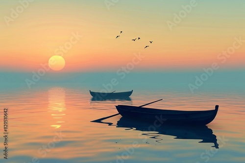Vector illustrtion of Two small wooden fishing boats float on a calm lake during sunrise. photo