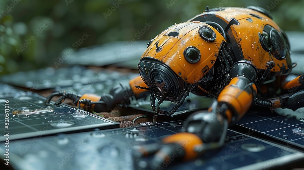 High-resolution image of a robot meticulously installing curved solar tile panels on a residential roof High-resolution image of a robot meticulously installing curved solar tile panels on a residential roof