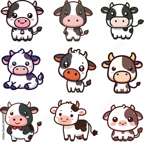set collection cute kawaii cartoon mascot cow vector