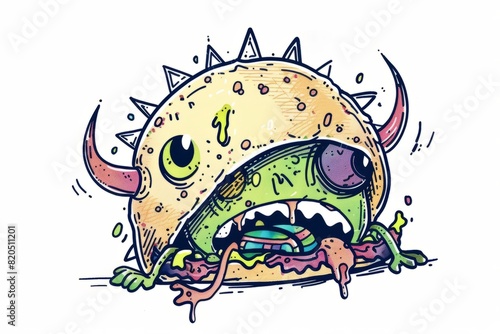 Cartoon cute doodles of a hungry monster munching on a crunchy taco filled with tasty ingredients, Generative AI photo