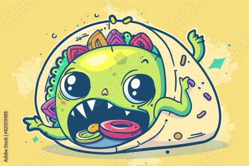 Cartoon cute doodles of a hungry monster munching on a crunchy taco filled with tasty ingredients, Generative AI photo