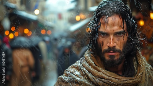 Jesus walking the streets of Jerusalem. biblical cinematic scene, background of some people, photorealistic image with natural environment of a very rainy day in jerusalem.