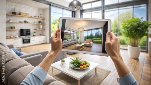 A person holding a tablet displaying interior design photo