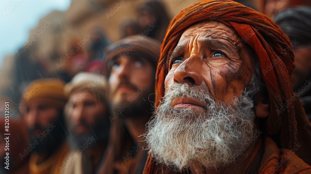 Jewish men in the street. old testament. biblical cinematic scene, background of many people looking up, photorealistic image with natural environment of a very rainy day in jerusalem.