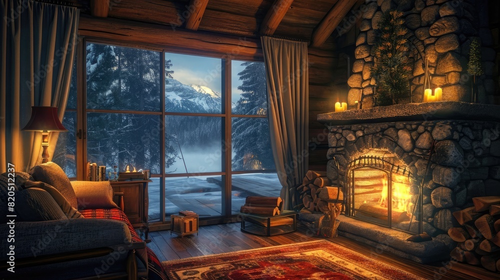 Secluded mountain cabin: Cozy moment by fireplace on serene Valentine's evening. Secluded mountain cabin: Cozy moment by fireplace on serene Valentine's evening.