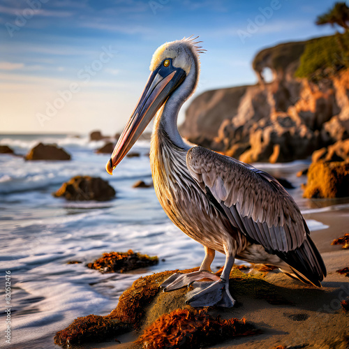 A California  Brown pelican rests on the shores photo
