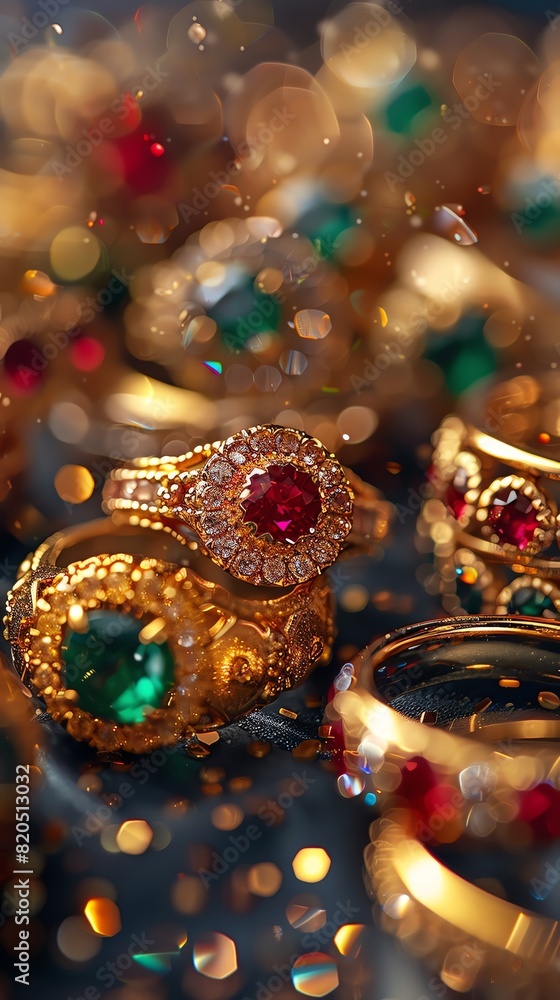 A close-up image of a pile of gold rings and gemstones