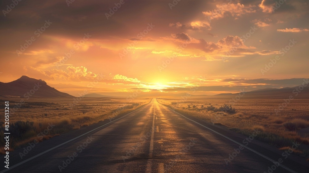 a road trip landscape in open valley at sunset.