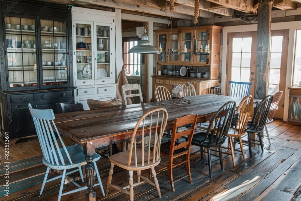 Rustic farmhouse dining room table with mismatched chairs.