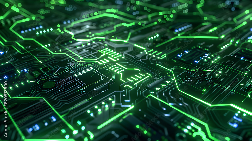 A green electronic circuit board with many small green squares. The board is very detailed and has a futuristic look to it A green electronic circuit board with many small green squares. The board is very detailed and has a futuristic look to it