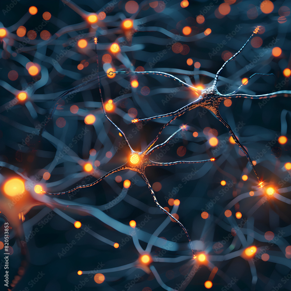 The image is of a bunch of glowing neurons in a dark background. The neurons are connected to each other in a web-like pattern, and they are all lit up with a bright orange glow The image is of a bunch of glowing neurons in a dark background. The neurons are connected to each other in a web-like pattern, and they are all lit up with a bright orange glow