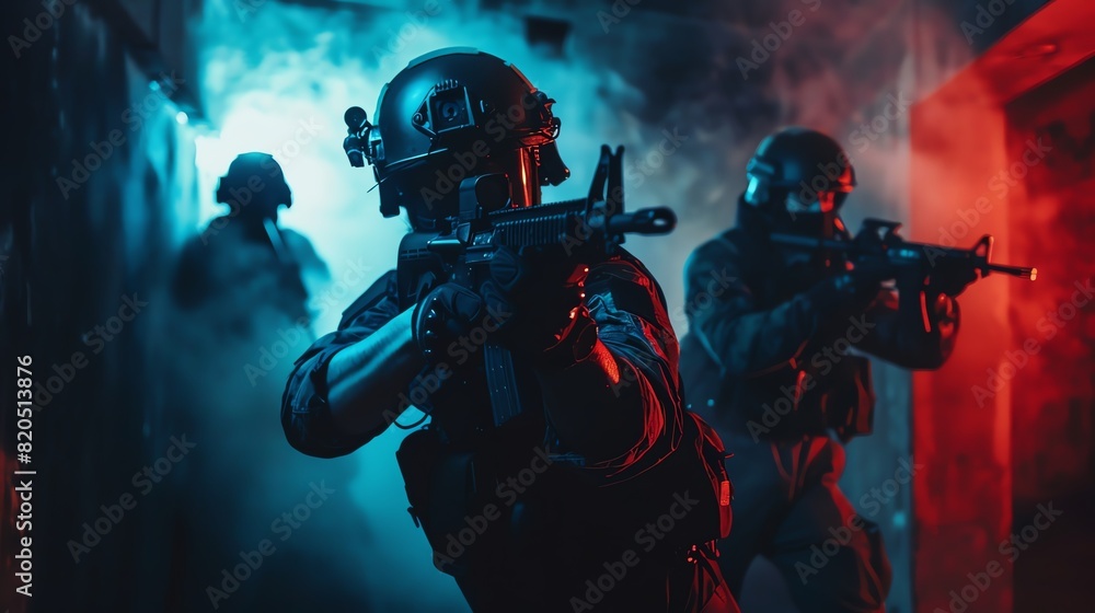 A team of spetsnaz in full tactical gear advances through a dark and smoky corridor