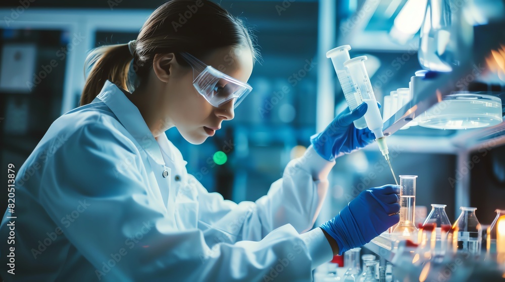 A scientist in a lab coat and goggles carefullyDi Ding Qi from a burette into a flask. She is wearing blue gloves and there are other beakers and equipment on the lab bench. A scientist in a lab coat and goggles carefullyDi Ding Qi from a burette into a flask. She is wearing blue gloves and there are other beakers and equipment on the lab bench.