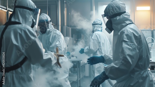 A team of scientists in hazmat suits work in a lab to develop a cure for a deadly virus. photo