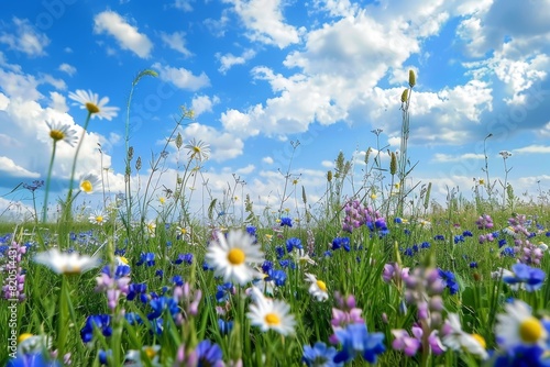 Beautiful field meadow flowers and blue wild peas against blue sky, nature close-up macro