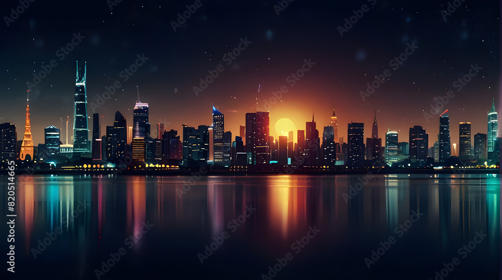 Fototapeta premium Modern artistic neon effect urban city or skyscrapers background and futuristic townscapes ai generative