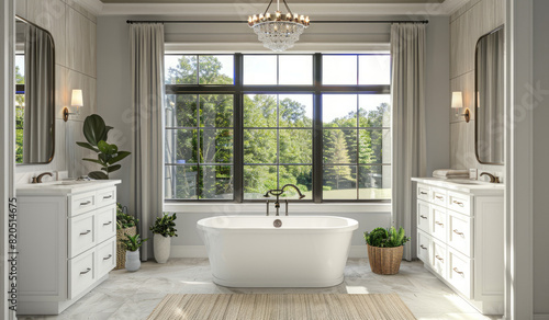 Modern bathroom interior with marble floor, large window, curtains, cabinets, mirrors and white bathtub. Created with Ai