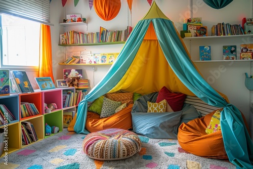 A cozy kids' reading corner with a colorful bookshelf, bean bags, and a canopy, creating a perfect space for reading adventures photo