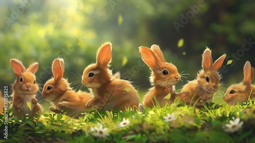 Cute baby bunnies hopping around in a field, their fluffy tails and twitching noses adding to the charm.