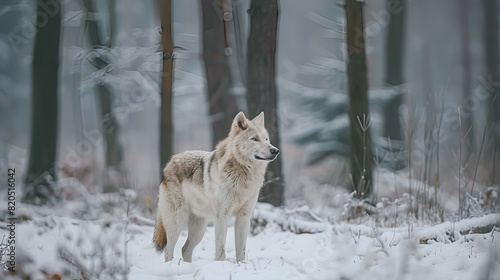 Eurasian wolf in white winter habitat . Beautiful winter forest. Wild animals in nature environment. European forest animal. Canis lupus lupus.  geneative ai  geneative ai