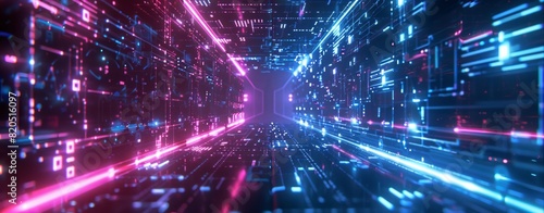 Abstract futuristic background with glowing blue and pink neon lights on a dark cyber technology pattern with digital data