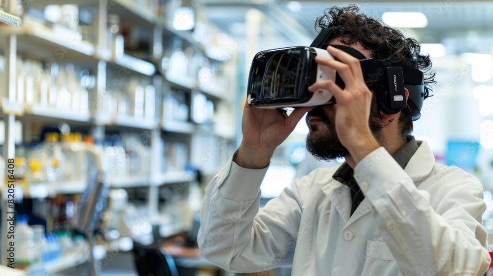 Scientist wearing vr glasses working in futuristic modern science lab Scientist wearing vr glasses working in futuristic modern science lab
