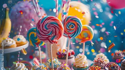 Capture an indoor close-up photo of a festive scene with a table adorned with a variety of lollipops, milkshakes, cupcakes, and banana cake © Yusif