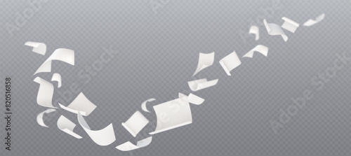 3d fly paper sheet. White page fall swirl on wind. Realistic blank document letter design with blur and chaotic wave creative mockup. Email or ideas on air falling overlay concept. Curl note flight